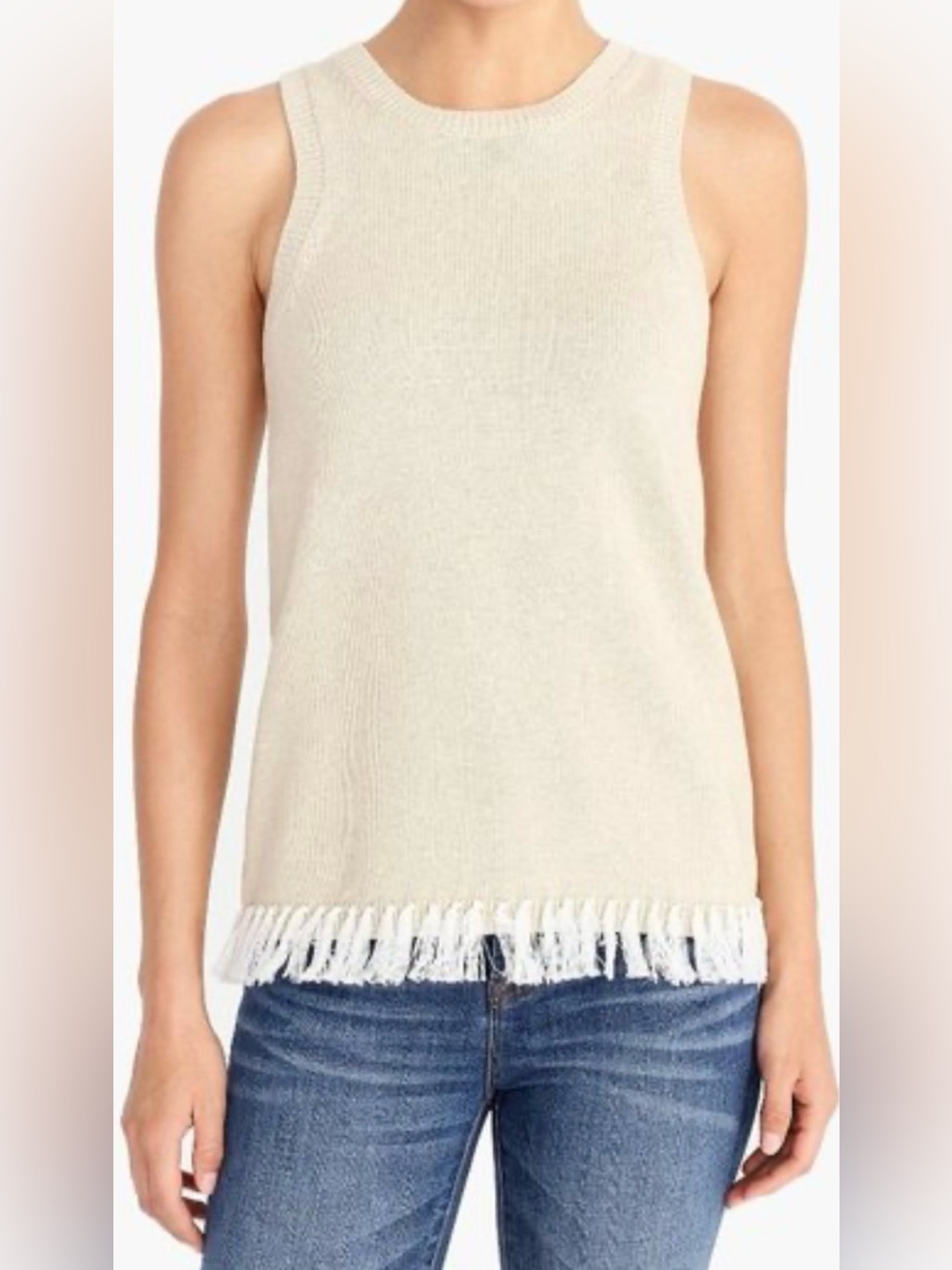 NWT Women J.Crew Beige Sweater Knit Tank Top Sz S 100% Cotton White Fringe Hem